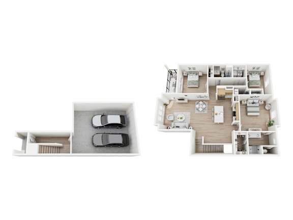 A floor plan of a two-bedroom apartment with a garage.