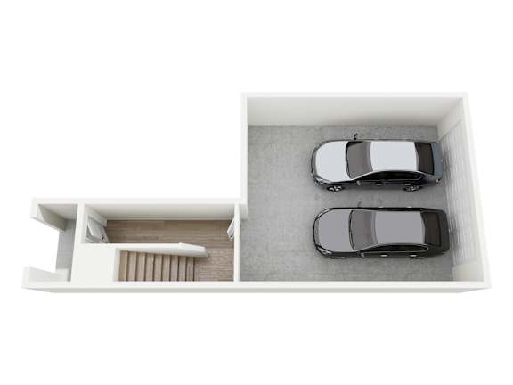 A top-down view of a parking garage with two cars parked.