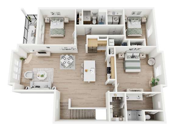 A top-down view of a modern apartment layout with multiple bedrooms and a central living area.