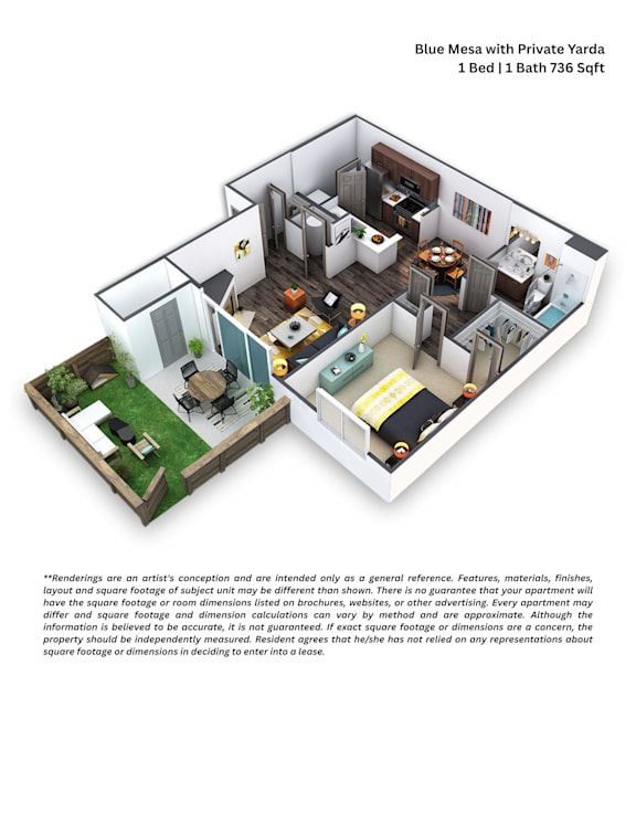 Floor Plan  A 3D floor plan of a Blue Mesa with Private Yarda apartment with 1 Bed and 1 Bath.