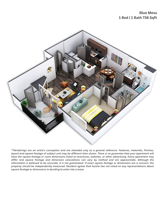 A 3D floor plan of a one bedroom apartment with a detailed layout.