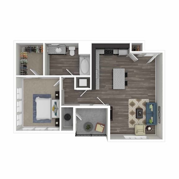A floor plan of a small apartment with a kitchen, living room, and bathroom.