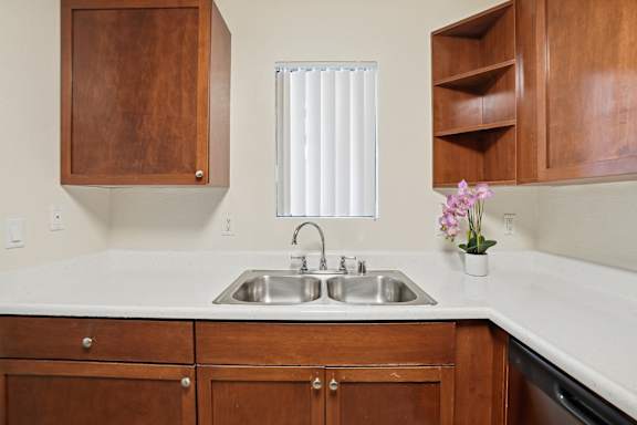 A kitchen with a sink and wooden cabinets.