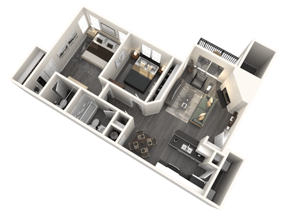 A 3D floor plan of a house showing the layout of the rooms.