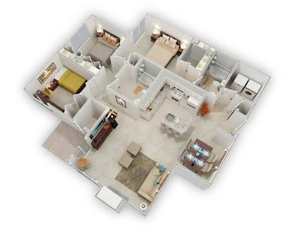 A 3D floor plan of a house with a living room, kitchen, dining room, and two bedrooms.