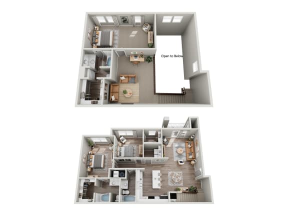 a floor plan of two different views of a bedroom and living room