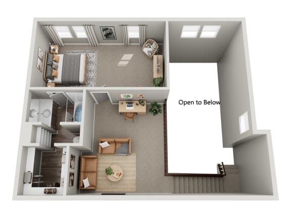 a stylized floor plan with a bedroom and a living room