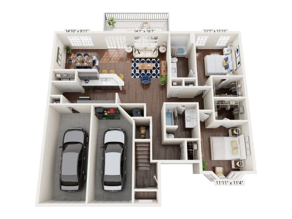 a 3d drawing of a floor plan with 2 cars in it