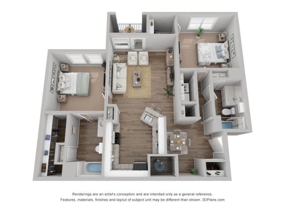 a stylized floor plan with a bedroom and living room