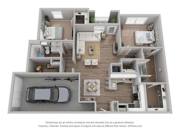 A 3D floor plan of a house with a kitchen, living room, and bedrooms.