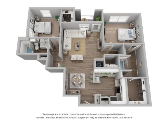 a stylized floor plan with a bedroom and a living room