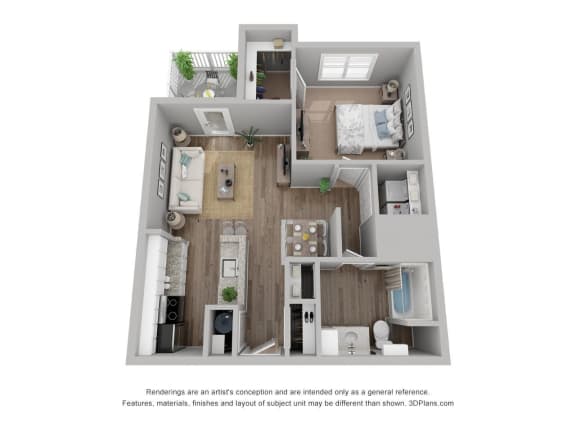 Floor Plan  a stylized floor plan of a 1 bedroom apartment