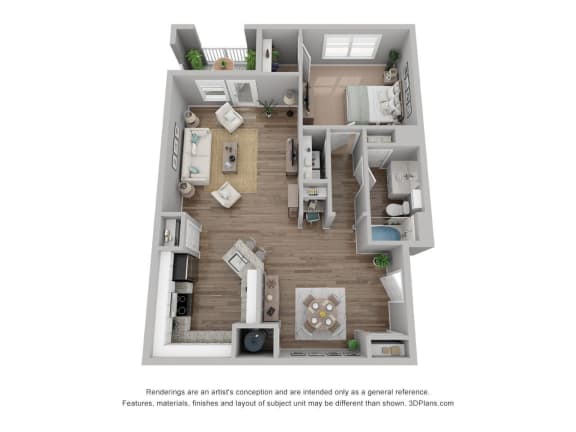 a stylized floor plan with a bedroom and living room