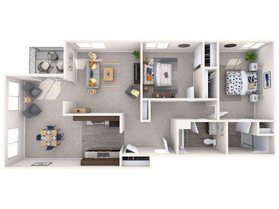 A 3D floor plan of a small apartment with a living room, kitchen, and bedroom.