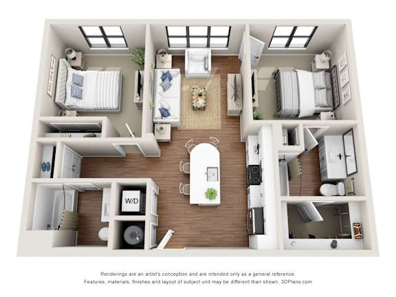 A 3D floor plan of a small apartment with a kitchen, living room, and bedrooms.