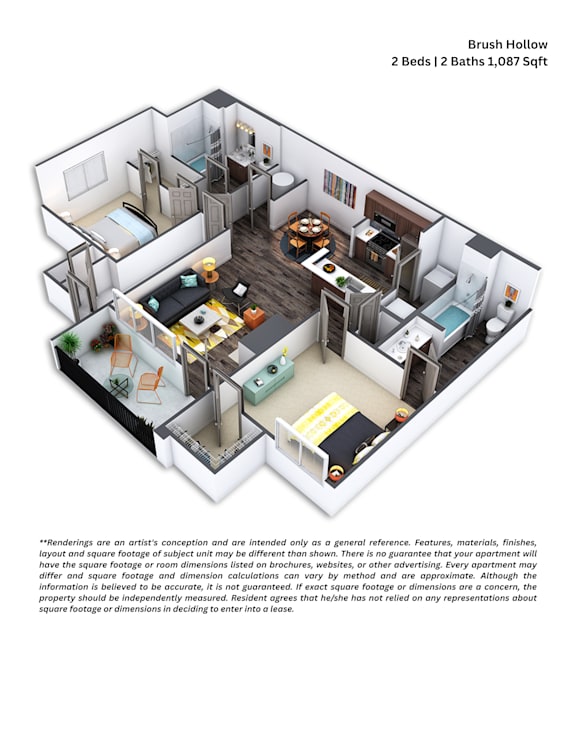 A 3D floor plan of a Brush Hollow apartment with 2 bedrooms and 2 bathrooms.