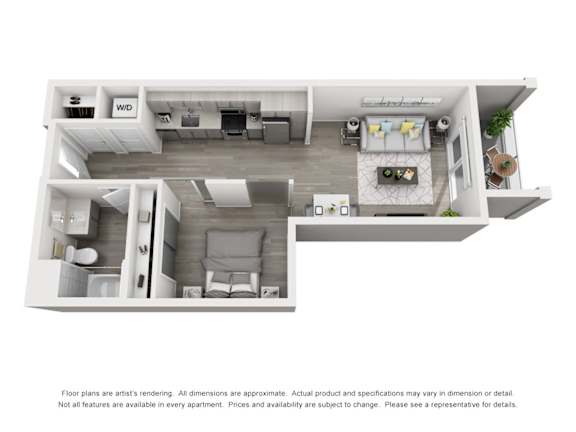 Floor Plan  A floor plan of an apartment with a kitchen, living room, and bedrooms.