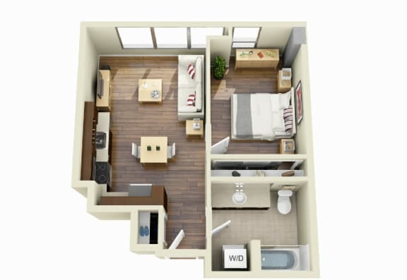 a 3d floor plan of a room with a bedroom and a bathroom