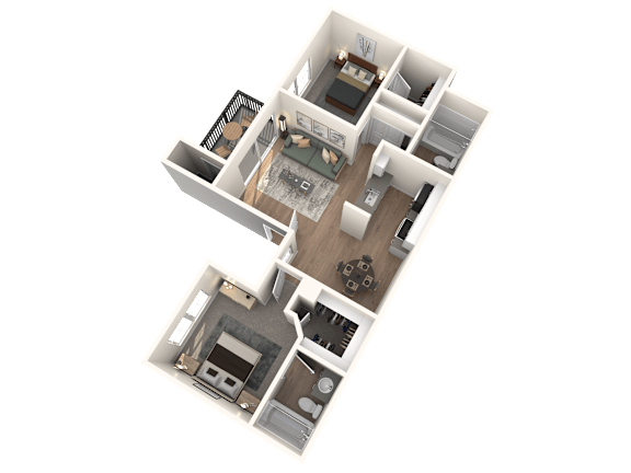 Floor Plan  A 3D floor plan of a house with a kitchen, living room, and two bedrooms.