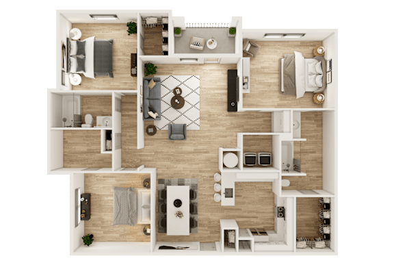 A top-down view of a well-organized apartment layout.