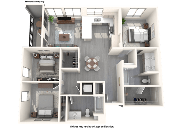 A 3D floor plan of a house with labeled rooms.