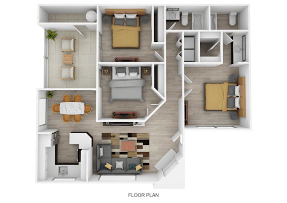 A floor plan of a house with a living room, two bedrooms, a kitchen, and a bathroom.