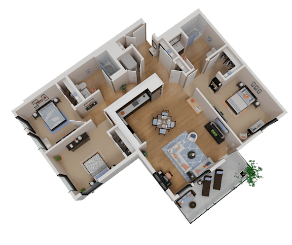 A 3D floor plan of a house with two bedrooms, a living room, a kitchen, and a bathroom.