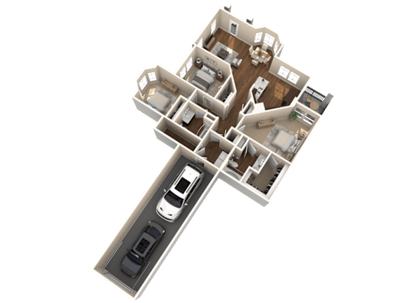 Floor Plan  A 3D rendered image of a house layout with a garage and a driveway.