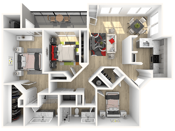 A 3D floor plan of a house with various rooms and furniture.