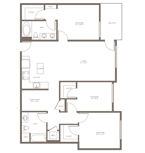 A floor plan of a house with two bedrooms, a study, an island, a kitchen, a bathroom, and a balcony.