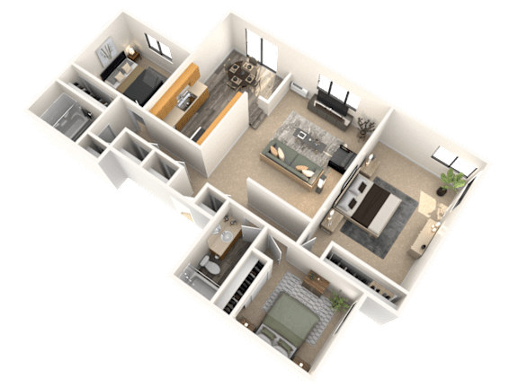 A 3D floor plan of a house layout.