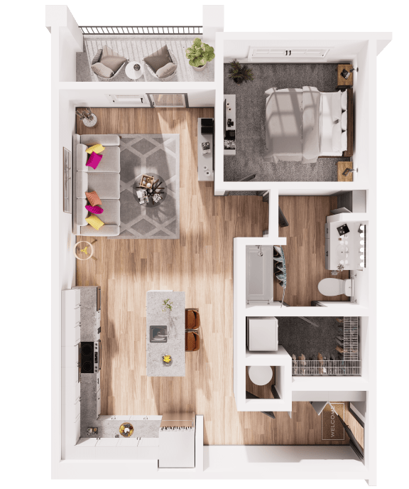 a 3d drawing of a bedroom with a bathroom and a living room