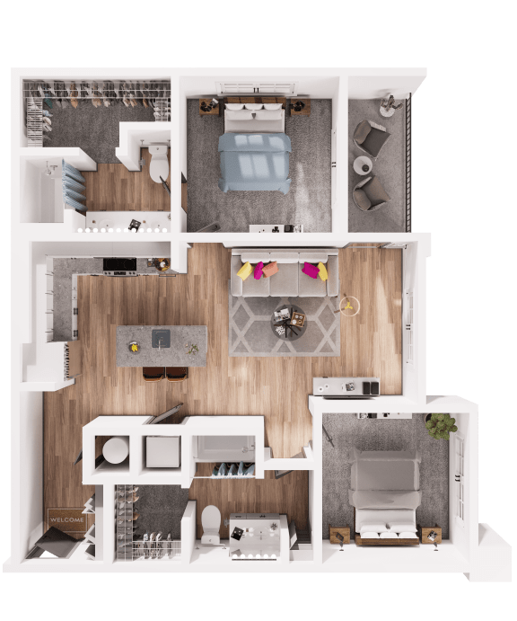 a 3d floor plan of a bedroom with a bathroom and a living room