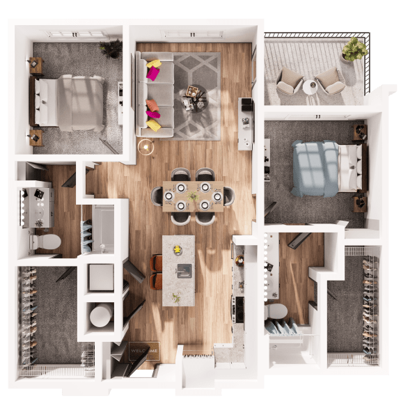 a 3d drawing of a bedroom with a living room and a dining room