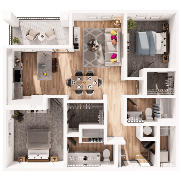 a 3d floor plan of a house with a bedroom and living room