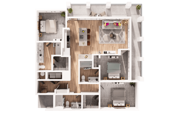 a 3d floor plan of a house with a bedroom and a living room
