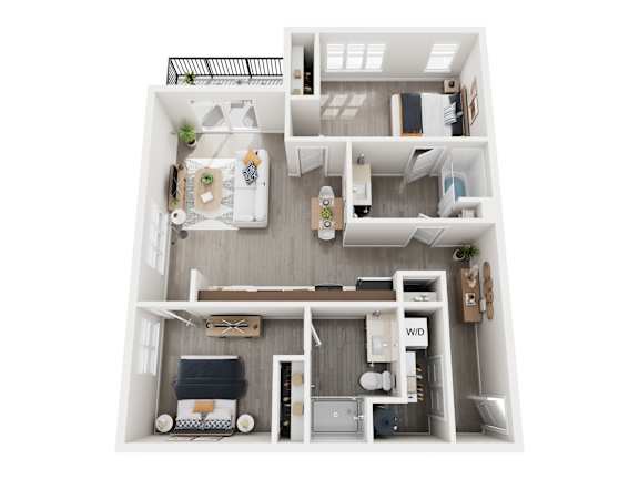 A top-down view of a small apartment layout with a kitchen, living room, and bathroom.
