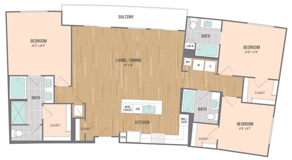 A floor plan of an apartment with two bedrooms, a living area, a kitchen, and a bathroom.