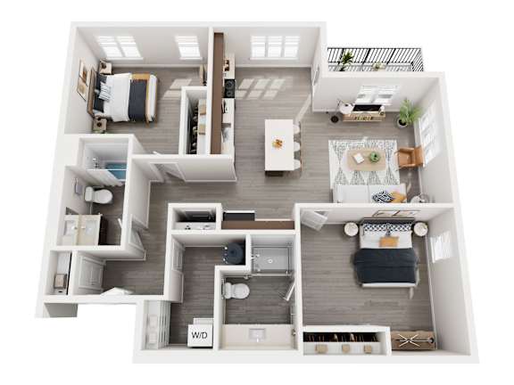 A top-down view of a small apartment layout with a living room, kitchen, and bedrooms.