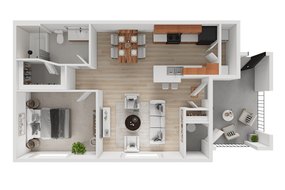Floor Plan  A top-down view of a modern apartment layout with a kitchen, living room, and bathroom.