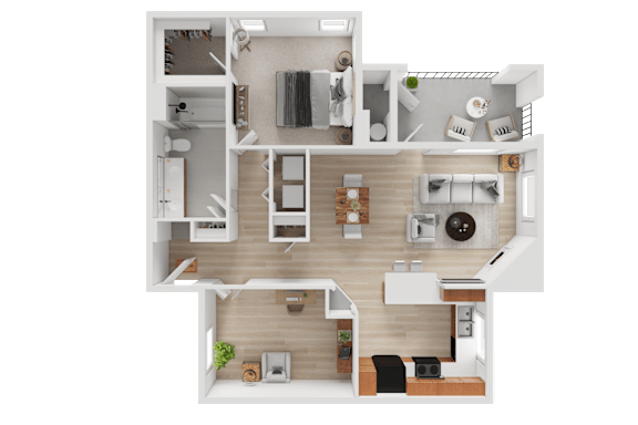 A top-down view of a house layout with a kitchen, living room, and two bedrooms.