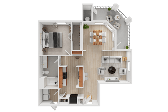 A top-down view of a house layout with a kitchen, living room, and two bedrooms.
