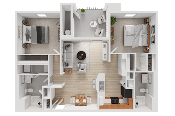 A detailed 3D floor plan of a modern apartment layout.