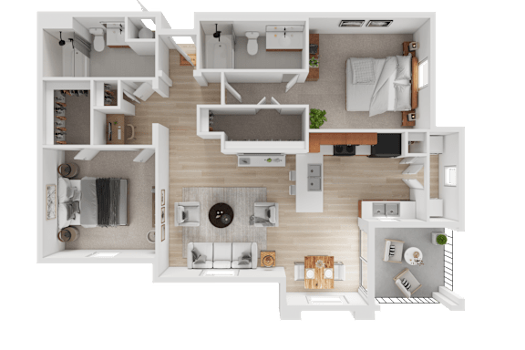 A 3D floor plan of a house showing all the rooms and their layout.