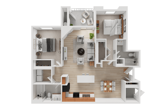 Floor Plan  A 3D floor plan of a house showing a kitchen, living room, dining area, and bedrooms.