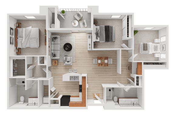 Floor Plan  A detailed 3D floor plan of a modern apartment layout.