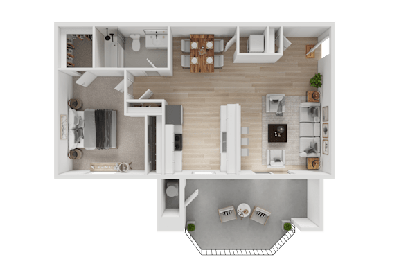 A top-down view of a modern apartment layout.