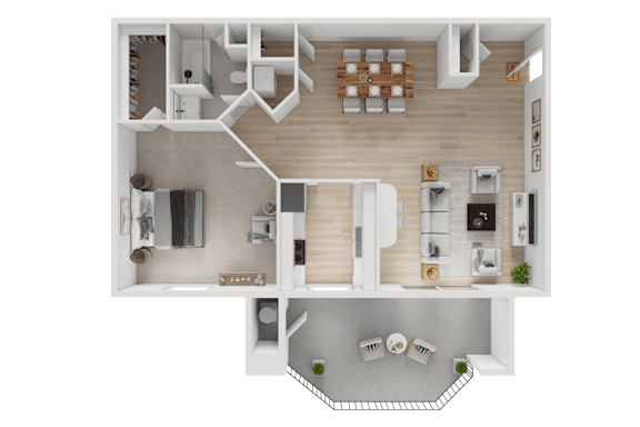 A top-down view of a house layout with a living room, kitchen, and two bedrooms.