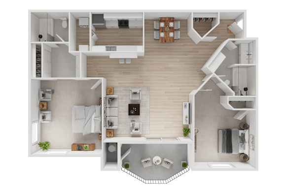 A detailed 3D floor plan of a modern apartment layout.
