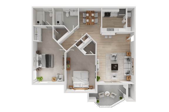 A detailed 3D floor plan of a modern apartment.